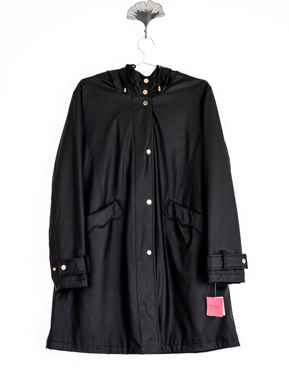 Kate Spade New York K29741 Black Scallop Pocket Matte Trench Coat Size M NWT